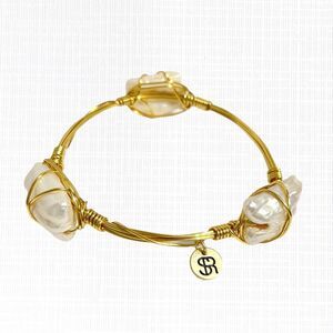 Wire Caged Chunky Pearl Bangle Bracelet Gold Tone Coastal Beach Handcrafted Art